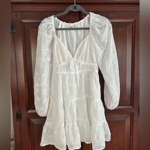 White Babydoll Long Sleeve Dress w/ Floral Embroidery Detail